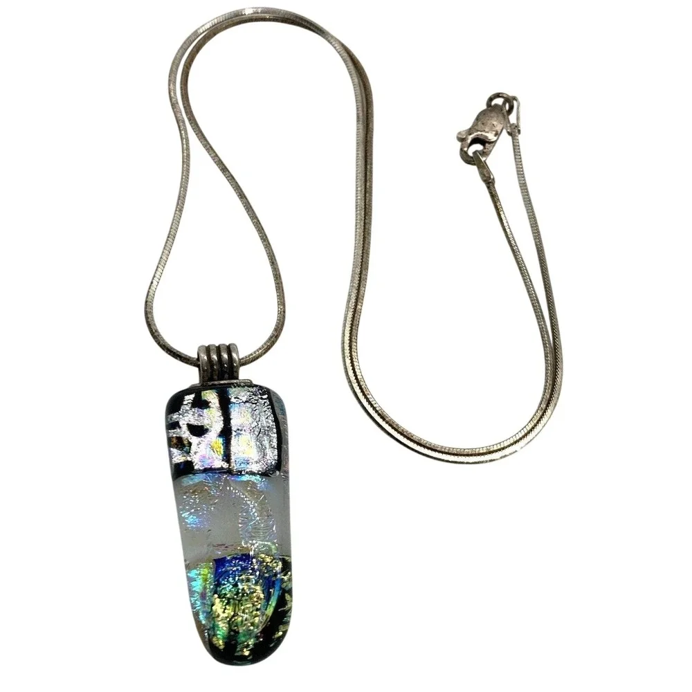 Vintage Dichroic Glass Pendant 16'' Chain Necklace Sterling 925 Silver‎ 8.9g